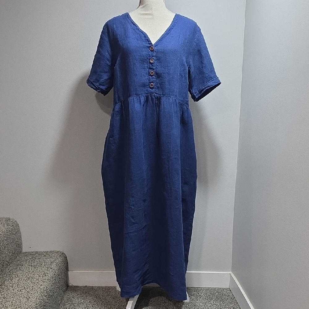 Pyne & Smith No.31 V Neck, Full Length Linen Dress, Color: Blue, Size Large